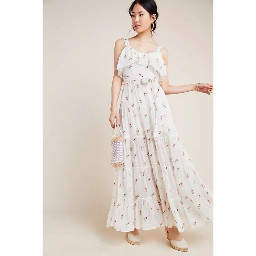 Paige Tevin Maxi Dress S Off White Western Rose Cotton Blend Sleeveless Floral - Picture 2 of 7